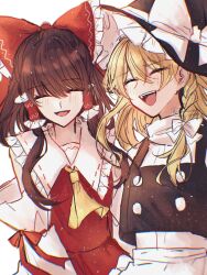 Rule 34 | 2girls, annin cha, apron, artist name, ascot, bare shoulders, black hat, black vest, blonde hair, blush, bow, braid, brown hair, buttons, closed eyes, collared dress, commentary request, detached sleeves, dress, frills, hair between eyes, hair bow, hair ornament, hair tubes, hakurei reimu, hat, hat bow, highres, kirisame marisa, large bow, long hair, long sleeves, multiple girls, nontraditional miko, open mouth, puffy short sleeves, puffy sleeves, red bow, red dress, shirt, short hair, short sleeves, sidelocks, simple background, single braid, sleeveless, sleeveless dress, smile, teeth, touhou, turtleneck, turtleneck shirt, upper body, vest, watermark, wavy hair, white apron, white background, white bow, white shirt, wide sleeves, witch hat, yellow ascot