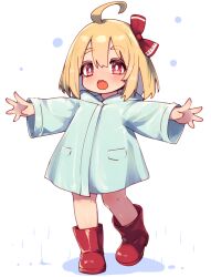 1girl :d absurdres ahoge artist_name blonde_hair blue_raincoat boots bow bright_pupils clothes_writing commentary_request fang full_body hair_between_eyes hair_bow highres hood hood_down hooded_coat huge_ahoge long_sleeves looking_at_viewer medium_hair open_mouth outstretched_arms raincoat red_boots red_bow red_eyes rubber_boots rumia skin_fang smile solo spread_arms standing tekina_(chmr) touhou white_pupils