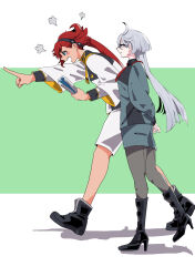 2girls absurdres asticassia_school_uniform black_boots black_hairband black_pantyhose blue_eyes book boots closed_mouth commentary_request green_background green_jacket green_shorts grey_hair gundam gundam_suisei_no_majo hairband high_heel_boots high_heels highres holding holding_book jacket kusattatofu long_hair looking_at_another miorine_rembran multiple_girls open_mouth pantyhose pointing pointing_forward ponytail red_hair school_uniform shorts smile suletta_mercury two-tone_background white_background white_jacket white_shorts