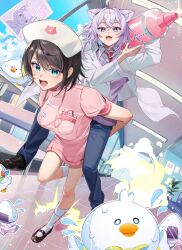 Rule 34 | :3, :d, ahoge, alternate costume, amesui, black hair, black pants, black shoes, blue eyes, blue sky, breasts, carrying, cat girl, cloud, coat, collared shirt, commentary request, crossed bangs, day, double-parted bangs, dress, fang, full body, hair between eyes, hallway, hat, highres, holding, holding syringe, hololive, indoors, kneehighs, lab coat, large breasts, large syringe, looking at viewer, mary janes, medium hair, messy hair, necktie, nekomata okayu, nurse cap, okanyan (nekomata okayu), onigirya (nekomata okayu), oozora subaru, open mouth, oversized object, pants, piggyback, pink dress, puffy short sleeves, puffy sleeves, purple eyes, purple hair, purple sweater, red necktie, running, shirt, shoes, short dress, short hair, short sleeves, skin fang, sky, smile, socks, suba tomo (big), suba tomo (small), sweater, swept bangs, syringe, tile floor, tiles, v-neck, v-shaped eyebrows, virtual youtuber, white coat, white hat, white shirt, white socks