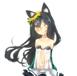 Rule 34 | 1girl, alchemist (ragnarok online), alternate color, animal ear fluff, animal ears, black hair, blush, cat ears, cat girl, closed mouth, commentary request, detached sleeves, dress, flat chest, flower, green sleeves, hair flower, hair ornament, head tilt, long hair, looking at viewer, meiko (nattu303), navel, one eye closed, plunging neckline, ragnarok online, simple background, smile, solo, strapless, strapless dress, upper body, white background, white dress, yellow eyes, yellow flower