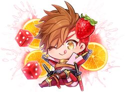 1boy :q arms_up black_gloves brown_eyes brown_hair chibi chibi_only dice fingerless_gloves food fruit full_body gloves kkkaaaayyy male_focus multicolored_hair one_eye_closed orange_(fruit) orange_slice red_hair sengoku_basara shima_sakon_(sengoku_basara) simple_background solo splatter strawberry tongue tongue_out two-tone_hair white_background