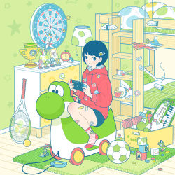 1girl baby_mario ball bandaid bandaid_on_leg bed bedroom black_hair blue_yoshi bob_cut bowling_pin box burt_(yoshi&#039;s_island) character_doll clock dartboard drawstring flower foam_mat goonie gusty hair_flower hair_ornament handheld_game_console highres hint_block holding holding_handheld_game_console hood hood_down hoodie indoors light_blue_yoshi long_sleeves mario mario_(series) mario_kart mario_tennis nintendo nintendo_switch original pencil pinwheel poochy_(yoshi&#039;s_island) poochy_pup racket red_hoodie red_socks red_yoshi short_hair sitting smiley_flower_(mario) soccer_ball socks solo stairs star_(symbol) striped_clothes striped_socks stuffed_toy super_mario_world_2:_yoshi&#039;s_island tennis_racket toy toy_car trophy very_short_hair yellow_yoshi yoshi yoshi_egg yoshimon