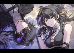 1boy 1girl bare_shoulders black_gloves black_hair black_jacket breasts closed_mouth commentary_request cross-laced_clothes cross-laced_top dual_persona earrings elbow_pads female_rover_(wuthering_waves) gloves grey_shirt hair_ribbon hand_up highres jacket jewelry large_breasts letterboxed looking_at_viewer male_rover_(wuthering_waves) ribbon rover_(wuthering_waves) shirt takamatu_hajime triangle_earrings wuthering_waves yellow_eyes yellow_ribbon