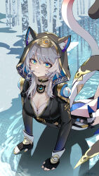1girl absurdres ai_dongdong animal_ear_fluff animal_ears aqua_eyes black_gloves breasts cat_ears cat_girl cat_tail chinese_commentary cipher_(honkai:_star_rail) cleavage closed_mouth commentary_request fingerless_gloves fingernails gloves grey_hair highres honkai:_star_rail honkai_(series) large_breasts looking_at_viewer medium_breasts medium_hair mole mole_on_chest nail_polish solo tail yellow_nails