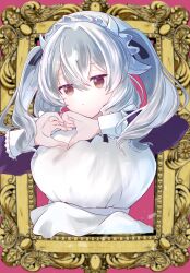 1girl absurdres alternate_costume animal_ears apron breasts brown_eyes cow_ears cow_girl cow_horns dress grey_hair hair_between_eyes heart heart_hands highres horns large_breasts long_hair long_sleeves looking_at_viewer maid maid_apron maid_headdress milltina_(vrchat) painting_(object) picture_frame portrait_(object) solo twintails upper_body user_hexc8574 vrchat white_apron