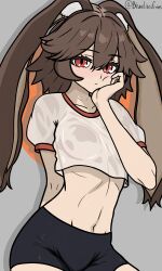 1girl absurdres animal_ear_fluff animal_ears bike_shorts bluelikesfrens breasts brown_hair crop_top gym_uniform highres lop_rabbit_ears medium_hair original rabbit_ears rabbit_girl red_eyes see-through_clothes see-through_shirt shirt sweat