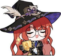 Rule 34 | 1girl, artist request, ascot, black-framed eyewear, black gloves, black robe, blue ascot, blue hat, blunt bangs, bow, checkered hat, closed eyes, collared robe, collared shirt, cropped torso, enchanted writing (infinity nikki), glasses, gloves, happy, hat, hat bow, hat feather, high collar, holding, holding trophy, infinity nikki, layered sleeves, long hair, long sleeves, nikki (series), official art, open clothes, open mouth, open robe, orange hair, paper, puffy long sleeves, puffy sleeves, purple bow, robe, round eyewear, shirt, sidelocks, smile, solo, sparkle, transparent background, trophy, two-sided fabric, two-sided headwear, very long hair, wavy hair, white shirt, witch hat, wizard