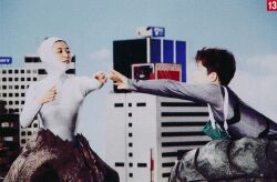 1boy 1girl actor asian behind_the_scenes black_hair costume daiei_film gamera gamera:_guardian_of_the_universe gamera_(series) giant giant_monster gyaos kaiju kameyama_yumi monster photo_(medium) real_life suit_actor super_gyaos suzuki_jun_(actor)