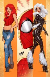 1boy 2girls black_bodysuit black_cat_(marvel) black_mask black_shoes blue_eyes blue_pants bodysuit breasts crop_top david_nakayama denim domino_mask felicia_hardy green_eyes high_heels highres jeans long_hair looking_at_viewer marvel mary_jane_watson mask medium_breasts midriff multiple_girls pants red_bodysuit red_hair red_shirt shirt shoes short_sleeves spider-man spider-man_(series) superhero_costume torn_clothes torn_jeans torn_pants white_hair