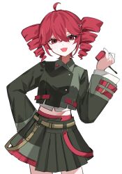 1girl ahoge belt black_shirt black_skirt brown_belt buttons collared_shirt contrapposto cowboy_shot double-parted_bangs drill_hair grey_shirt hair_between_eyes hand_on_own_hip hand_up highres holding holding_walkie-talkie kasane_teto kasane_teto_(voicepeak) looking_at_viewer open_mouth red_belt red_eyes red_hair shirt simple_background sirotuki skirt solo transparent_background twin_drills utau voicepeak walkie-talkie wing_collar