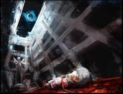 1boy alley amputee bleeding blood choujin_x crescent_moon higashi_azuma_(choujin_x) highres kyezzzz moon mutilation necktie night night_sky painting_(medium) red_necktie severed_torso sky solo statue traditional_media watercolor_(medium) white_hair yaoi
