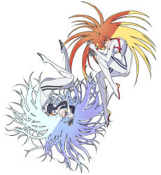 2girls absurdres alternate_hair_length alternate_hairstyle ass ayanami_rei blue_eyes blue_hair bodysuit brown_hair evangelion:_3.0+1.0_thrice_upon_a_time highres interface_headset_(evangelion) long_hair looking_at_another lying mecha_pilot_suit multiple_girls neon_genesis_evangelion on_side plugsuit_(evangelion) rebuild_of_evangelion red_eyes sashimi_(sasihmi) short_hair simple_background souryuu_asuka_langley very_long_hair white_background white_bodysuit