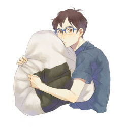 1boy :/ arms_up black_hair blue-framed_eyewear blue_shirt brown_eyes chinese_commentary closed_mouth commentary_request cropped_torso fingernails food highres holding holding_stuffed_toy katsuki_yuuri looking_to_the_side male_focus onigiri parted_bangs r_inami semi-rimless_eyewear shirt short_sleeves sideways_glance simple_background solo stuffed_toy white_background yuri!!!_on_ice