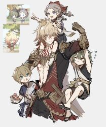 1girl 2boys absurdres arm_tattoo armlet bare_pectorals black_coat blonde_hair braid carrying chest_tattoo child chinese_commentary clawed_gauntlets coat commentary_request facial_tattoo gold_necklace gradient_hair hair_between_eyes highres honkai:_star_rail honkai_(series) jewelry looking_at_another medium_hair multicolored_hair multiple_boys mydei_(honkai:_star_rail) necklace open_clothes open_coat pectorals photo_inset red_hair red_tattoo shoulder_carry side_braid simple_background sllkigo105 tattoo white_background yellow_eyes