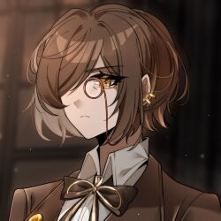 1girl absurdres bow bowtie brown_background brown_bow brown_bowtie brown_hair brown_jacket butler closed_mouth collared_shirt commentary english_commentary female_butler highres jacket limbus_company looking_at_viewer monocle outis_(project_moon) project_moon shirt short_hair simple_background solo tachibana_limbu upper_body white_shirt wuthering_heights_(identity)_(project_moon) yellow_eyes