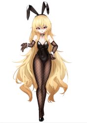 1girl animal_ears artist_request bell black_leotard black_shoes blonde_hair breasts brown_gloves brown_pantyhose cleavage commission elbow_gloves eyebrows_hidden_by_hair fake_animal_ears fishnet_pantyhose fishnets full_body gloves hair_between_eyes hand_on_own_hip jingle_bell large_breasts leotard long_hair looking_at_viewer neck_bell open_mouth original pantyhose playboy_bunny rabbit_ears red_eyes second-party_source shoes simple_background smile solo very_long_hair white_background white_wrist_cuffs wrist_cuffs