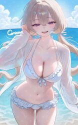 1girl absurdres bikini blonde_hair breasts cleavage collarbone commentary_request commission cowboy_shot day frilled_bikini frills front-tie_bikini_top front-tie_top halterneck hand_up highres jacket korean_commentary large_breasts long_hair long_sleeves looking_at_viewer low_twintails mumu_muw navel ocean open_clothes open_jacket open_mouth original outdoors purple_eyes see-through_clothes see-through_sleeves smile solo stomach string_bikini swimsuit thighs twintails very_long_hair white_bikini white_jacket