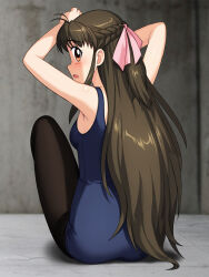 Rule 34 | 1girl, arms behind head, black pantyhose, blue one-piece swimsuit, braid, breasts, brown eyes, brown hair, commentary request, covered navel, from behind, hair ribbon, half up braid, highres, katsuragi ayane, long hair, looking at viewer, looking back, neopure, old school swimsuit, one-piece swimsuit, pantyhose, pantyhose under swimsuit, ribbon, school swimsuit, sitting, small breasts, solo, swimsuit, thighband pantyhose, true love story
