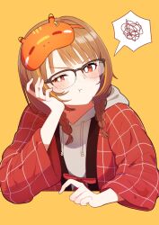 Rule 34 | 1girl, :t, black-framed eyewear, blush, braid, brown hair, commentary request, cropped torso, glasses, grey hoodie, grid print, hand on own cheek, hand on own face, head rest, highres, hood, hood down, hoodie, jacket, long hair, mask, mask on head, niboshidrip, official alternate costume, over-rim eyewear, pout, red eyes, red jacket, semi-rimless eyewear, sendo yuuhi, sendo yuuhi (2nd costume), simple background, sleep mask, solo, spoken squiggle, squiggle, twin braids, virtual youtuber, vspo!, yellow background