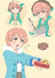 1girl arm_up blue_jacket blush book box chocolate closed_mouth fingernails fur-trimmed_jacket fur_trim gift gift_box hair_ornament hairclip heart-shaped_box highres holding holding_book holding_gift hoshizora_rin jacket long_sleeves love_live! love_live!_school_idol_project mixing_bowl multiple_views open_clothes open_jacket open_mouth orange_hair sen_(sen0910) short_hair simple_background valentine yellow_background yellow_eyes