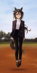 1girl absurdres animal_ears black_jacket black_pants black_shoes blue_sky brown_eyes brown_hair cloud collared_shirt commentary_request day dress_shirt floating formal_clothes full_body hair_between_eyes highres horse_ears horse_girl horse_tail jacket jumping long_hair looking_at_viewer multicolored_hair nabe_puyo outdoors pants parted_lips shirt shoes sky smile solo stay_gold_(umamusume) suit suit_jacket tail umamusume white_hair white_shirt