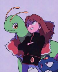 1boy black_eyes black_jacket brown_hair crossed_arms gen_2_pokemon grey_background grin happy jacket long_hair long_sleeves male_focus meganium nintendo pants pokemon pokemon_(creature) pokemon_gsc purple_pants silver_(pokemon) smile sneasel teeth tyako_089