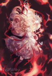 Rule 34 | 1girl, animal, arknights, artist name, black socks, blonde hair, blurry, bug, burning, burnt clothes, butterfly, cape, character name, commentary, depth of field, dress, english commentary, eyjafjalla (arknights), fire, floating cape, floating hair, hand up, highres, holding, holding polearm, holding weapon, insect, kneehighs, lazy kun, light particles, long hair, looking at viewer, polearm, puffy short sleeves, puffy sleeves, short sleeves, smile, socks, solo, torn cape, torn clothes, torn dress, weapon, white butterfly, white dress