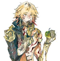 1boy abs apple arm_tattoo armlet armor bilingual_commentary black_coat blonde_hair braid chest_tattoo chinese_commentary clawed_gauntlets coat commentary commentary_request earrings english_commentary facial_tattoo food fruit gold_earrings gold_necklace gradient_hair hair_between_eyes holding holding_food holding_fruit honkai:_star_rail honkai_(series) jewelry male_focus medium_hair mixed-language_commentary multicolored_hair mydei_(honkai:_star_rail) necklace open_clothes open_coat pauldrons red_hair red_tattoo shoulder_armor side_braid simple_background single_pauldron solo tattoo toned toned_male white_background yellow_eyes yokuso32419