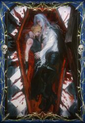 Rule 34 | 2boys, alternate costume, arm around neck, bandaged arm, bandages, black gloves, black pants, black shoes, black sweater, blood, blood on ground, blood on mouth, blood on neck, blood splatter, blouse, blue border, border, checkered floor, cloud strife, coffin, dagger, final fantasy, final fantasy vii, frilled shirt, frills, full body, gloves, grey hair, hand on another&#039;s chest, hand on another&#039;s waist, hanjungen233, hashtag-only commentary, highres, knife, long bangs, long hair, lying, male focus, multiple boys, on side, ornate border, pants, parted bangs, sephiroth, shirt, shoes, signature, skull, sleeveless, sleeveless sweater, sleeveless turtleneck, sweater, thigh strap, turtleneck, turtleneck sweater, vampire, waist cape, weapon, white shirt, yaoi