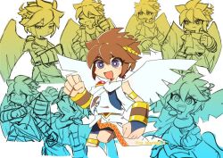 Rule 34 | :d, ahoge, ancient greek clothes, androgynous, armlet, belt, bike shorts, bike shorts under skirt, black undershirt, blue eyes, brown hair, chiton, multiple expressions, fingerless gloves, gloves, gold armlet, gold thighlet, greco-roman clothes, jewelry, ko iwari ngo, laurel crown, open mouth, pit (kid icarus), red trim, redrawn, sidelocks, simple background, single bare shoulder, smile, spiked hair, thighlet, toon (style), twitter username, v-shaped eyebrows, white background