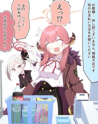 2girls aru_(blue_archive) black_scrunchie black_shirt black_skirt blue_archive bottle breasts brown_coat brown_horns coat coat_on_shoulders coca-cola cola collared_shirt demon_horns fur-trimmed_coat fur_trim gloves grey_hair grin hair_ornament hair_scrunchie halo highres horns large_breasts long_hair long_sleeves multiple_girls mutsuki_(blue_archive) open_mouth pink_hair pink_halo quarterlift red_eyes red_halo scrunchie shirt short_sleeves side_ponytail skirt smile speech_bubble translation_request white_gloves white_shirt