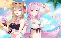 2girls ;) absurdres animal_ears bikini black_bikini black_hairband blue_eyes blue_nails blue_sky bow bowtie bracelet breasts brown_hair cat_ears cat_girl chinese_commentary commentary_request elf elysia_(honkai_impact) elysia_(miss_pink_elf)_(honkai_impact) elysia_(summer_miss_elf)_(honkai_impact) frilled_bikini frills green_eyes hairband heterochromia highres holding holding_ice_cream_cone holding_swim_ring honkai_(series) honkai_impact_3rd ice_cream_cone innertube jewelry licking_lips long_hair medium_breasts multiple_girls navel necklace official_alternate_costume one_eye_closed open_mouth pardofelis pardofelis_(midsummer_collector) pearl_necklace pink_bow pink_bowtie pink_hair pointy_ears scrunchie shell shell_necklace short_hair_with_long_locks sky smile stomach swim_ring swimsuit teeth tongue tongue_out upper_body upper_teeth_only white_bikini white_hairband wrist_scrunchie xiliusuanronyi