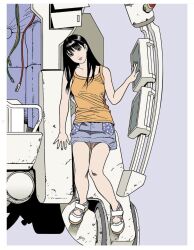 Rule 34 | 1girl, 2000s (style), bare shoulders, black hair, blue skirt, breasts, brown eyes, cable, camisole, closed mouth, collarbone, denim, denim skirt, eguchi hisashi, full body, grey background, hand up, head tilt, highres, long hair, looking at viewer, mecha, medium breasts, mihashi haruko, miniskirt, no socks, off shoulder, official art, open hands, orange camisole, robot, roujin z, science fiction, shoes, simple background, skirt, solo, spread fingers, star (symbol), star print, white shoes