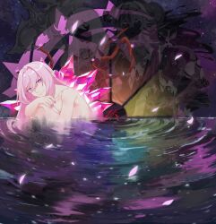 bare_shoulders color_coordination color_wheel color_wheel_challenge crystal diamond-shaped_pupils diamond_(shape) elf elysia_(herrscher_of_human:_ego)_(honkai_impact) elysia_(honkai_impact) hair_spread_out highres honkai_(series) honkai_impact_3rd jae_roku looking_at_viewer multiple_drawing_challenge nail_polish nude petals pink_eyes pink_hair pink_nails pointy_ears purple_eyes smile symbol-shaped_pupils