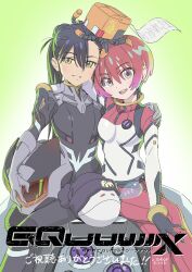 2girls amate_yuzuriha beanie conch_(gundam) gradient_background green_background gundam gundam_gquuuuuux haro hat helmet highres holding holding_helmet iseki_shuuichi looking_at_viewer mecha_pilot_suit multiple_girls non-humanoid_robot nose_bubble nyaan_(gundam_gquuuuuux) open_mouth pom_pom_(clothes) pom_pom_beanie robot sitting sleeping smile space_helmet unworn_headwear unworn_helmet