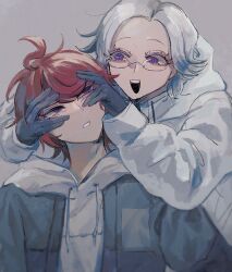 Rule 34 | ahoge, aotsuki eito, black gloves, eyebrows, eyelashes, glasses, gloves, grey background, hands on another&#039;s face, highres, hood, hoodie, messy hair, open mouth, parted hair, purple eyes, red hair, simple background, sumino takumi, teeth, the hundred line -last defense academy-, white hair