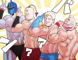 Rule 34 | 4boys, armband, blonde hair, blue gloves, closed eyes, facial hair, flexing, fu manchu (mustache), gloves, helmet, kinnikuman, kinnikuman (character), long mustache, mask, multiple boys, muscular, muscular male, mustache, one eye closed, pants, pink lips, ramenman, red armband, red eyes, red pants, robin mask, salute, star tattoo, tattoo, teeth, terryman, tomato (toma1010), two-finger salute, upper teeth only, v, wrestling trunks
