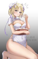 1girl absurdres alternate_costume blonde_hair blush braid breasts china_dress chinese_clothes cleavage closed_mouth covered_navel dogmatika_ecclesia_the_virtuous dress duel_monster dumpling ecclesia_(yu-gi-oh!) food forehead_jewel grey_background hair_ornament highres holding holding_food large_breasts long_hair simple_background solo stigmata thighs tokiyanagi yellow_eyes yu-gi-oh!