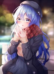 Rule 34 | 1girl, beret, black coat, black hat, blue hair, blue skirt, blurry, blurry background, blush, bow, breath, brown sweater, buttons, coat, cold, depth of field, double-parted bangs, fingernails, hair between eyes, hands up, hashtag-only commentary, hat, hat bow, highres, long hair, long sleeves, looking at viewer, night, on bench, open clothes, open coat, open mouth, original, outdoors, pink bow, plaid clothes, plaid scarf, pleated skirt, purple eyes, red scarf, scarf, sitting, skirt, solo, sparkle, steam, sweater, ttopang, very long hair, winter, winter clothes