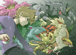 1990s_(style) 1boy alakazam arcanine blue_oak brown_hair creatures_(company) fangs game_freak gen_1_pokemon horns momonohito nintendo pidgeot poke_ball pokemon pokemon_(creature) pokemon_rgby retro_artstyle rhydon single_horn spoon venusaur