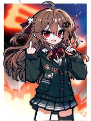 1girl ahoge black_cardigan black_skirt black_thighhighs border bow bowtie cardigan cowboy_shot dress_shirt evil_neuro-sama explosion fang from_side hair_between_eyes hair_ornament hair_ribbon highres holding holding_microphone long_hair long_sleeves microphone middle_finger neuro-sama off-shoulder_cardigan open_mouth red_bow red_bowtie red_eyes red_ribbon ribbon shio_0585 shirt single_thighhigh skirt skull_hair_ornament solo thighhighs two_side_up vedal_ai virtual_youtuber white_border white_shirt