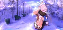 1girl alternate_costume animal_ear_fluff animal_ears aoidelan9 black_scarf black_skirt blue_archive blue_eyes blue_sweater blush brown_gloves brown_jacket closed_mouth dog_ears dog_girl gloves hair_over_one_eye highres holding holding_snowball jacket kanna_(blue_archive) long_hair looking_at_viewer pantyhose purple_pantyhose scarf sidelocks skirt snow snowball solo sweater