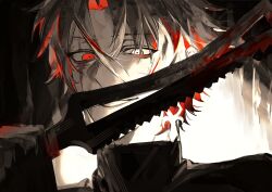 1boy chuan colored_inner_hair earrings hair_between_eyes highres holding jewelry looking_at_viewer male_focus medium_hair multicolored_hair neck scar scar_(wuthering_waves) scar_across_eye scar_on_face shirt smile solo sword weapon white_hair white_shirt wuthering_waves