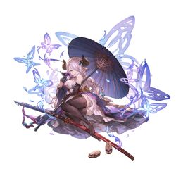 1girl animal_ears black_thighhighs blue_eyes braid breasts bug butterfly cleavage draph elbow_gloves gloves granblue_fantasy hair_ornament hair_over_one_eye horns insect japanese_clothes large_breasts legs long_hair looking_at_viewer lying narmaya_(granblue_fantasy) narmaya_(visions_of_butterflies)_(granblue_fantasy) no_shoes obi official_alternate_costume official_art oil-paper_umbrella on_side pink_hair pinwheel pointy_ears sandals sash single_braid smile sword thighhighs transparent_background umbrella unworn_sandals weapon zettai_ryouiki