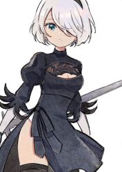 1girl 2b_(nier:automata) black_dress black_hairband blue_eyes breasts cleavage cleavage_cutout clothing_cutout dress hair_over_one_eye hairband highres looking_at_viewer mole mole_under_mouth nier:automata nier_(series) nmiznm parted_lips short_hair solo white_background white_hair