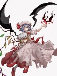 2girls bat_wings blonde_hair blue_hair crystal crystal_wings dress flandre_scarlet full_body hat hat_ribbon highres mary_janes mob_cap multiple_girls myui17901139 open_mouth puffy_short_sleeves puffy_sleeves red_eyes red_ribbon remilia_scarlet ribbon shoes short_hair short_sleeves siblings simple_background sisters touhou white_background wings wrist_cuffs