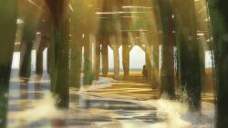 Rule 34 | 1other, beach, caustics, column, dappled sunlight, from below, moss, original, outdoors, painterly, pier, pillar, plank, plant, scenery, shore, subsurface scattering, sunlight, surf, vines, walking, zandra