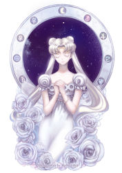1girl artist_name bead_bracelet beads bishoujo_senshi_sailor_moon bracelet circle closed_eyes collarbone crescent crescent_facial_mark crescent_moon double_bun dress earrings earth_symbol eyelashes facial_mark female_focus flower forehead_mark gem hair_bun hair_ornament hairclip jewelry jupiter_symbol lipstick long_hair long_neck makeup mars_symbol mercury_symbol moon neptune_symbol own_hands_together parted_bangs pearl_(gemstone) pearl_bracelet pearl_earrings platinum_blonde_hair pluto_symbol princess_serenity puffy_short_sleeves puffy_sleeves rabbitshit rose saturn_symbol short_sleeves solo stud_earrings tsukino_usagi twintails uranus_symbol venus_symbol very_long_hair white_dress white_flower white_rose white_theme