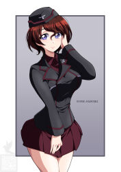 Rule 34 | 1girl, akaboshi koume, artist logo, black hat, black jacket, blue eyes, brown hair, character name, closed mouth, commentary, cowboy shot, dress shirt, garrison cap, girls und panzer, grey background, hand in own hair, hat, highres, ichijou takakiyo, insignia, jacket, kuromorimine military uniform, logo, long sleeves, looking at viewer, military hat, military uniform, miniskirt, outside border, pleated skirt, red shirt, red skirt, shirt, short hair, skirt, skirt tug, smile, solo, wing collar